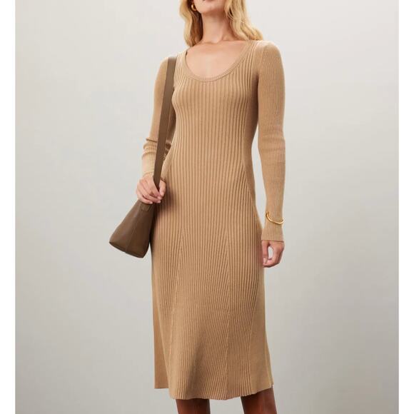 Hatch Beige Midi Maternity Dress SMALL Basic Ribbed Knit Career Cotton Work $300 - Picture 2 of 11